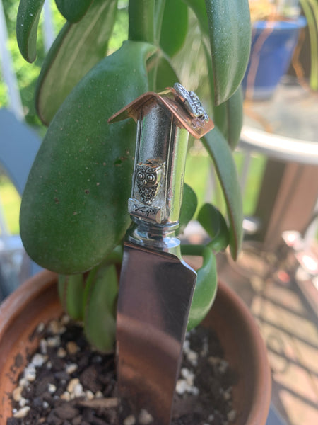Vintage Silverware Bird House Plant Stake | Decorative Cheese Spreader | Bird Watcher Letter Opener | Copper Silverware Charms
