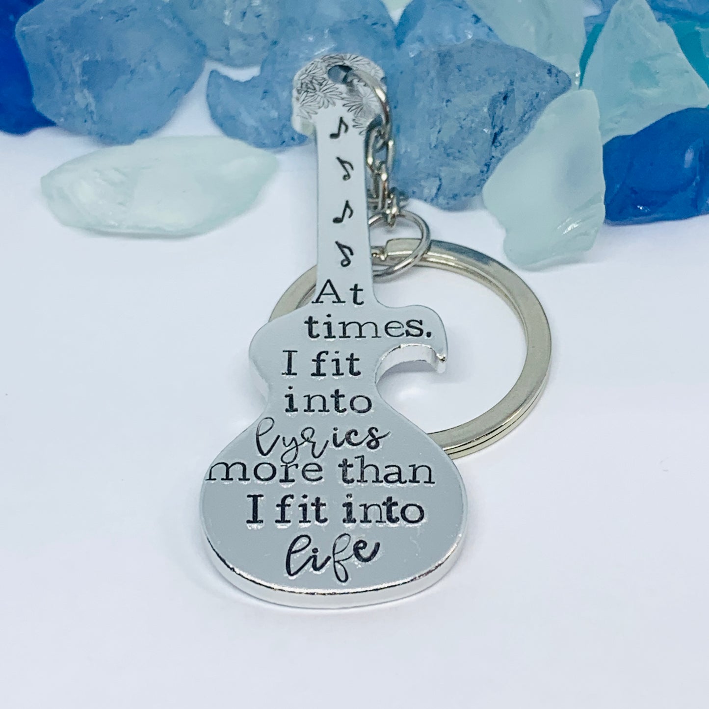 Guitar Shaped Hand Stamped Key Ring | Music Quote | The Pause is as Important as the Note | Truman Fisher | Musician Gift | Fit into Lyrics