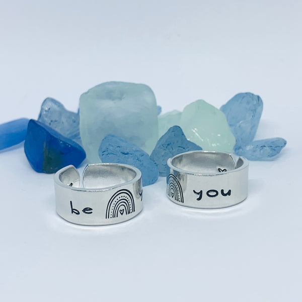 Be You Rainbow Hand Stamped Ring | Self-Acceptance Ring | Stamped Metal Stacking Ring | Adjustable Ring | Gift for Them Him Her