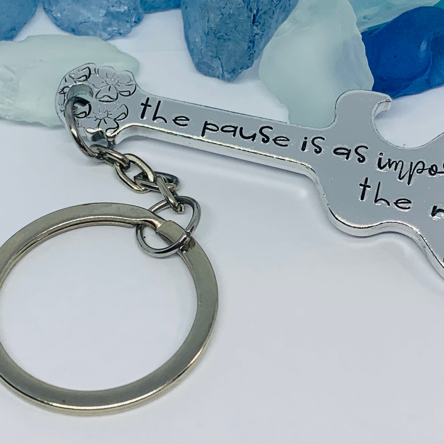 Guitar Shaped Hand Stamped Key Ring | Music Quote | The Pause is as Important as the Note | Truman Fisher | Musician Gift | Fit into Lyrics