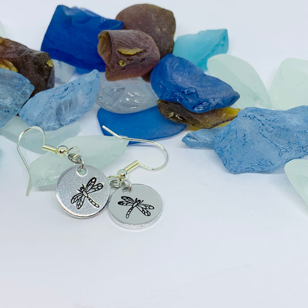 Hand Stamped Dragonfly Silver Wire Earrings with Backs | Hand Stamped Metal Dragonfly Firefly Earrings | Gifts for Her | Nature Earrings