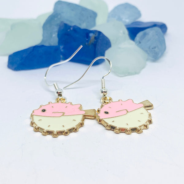 Blowfish Pink/Ivory Enamel Earrings with Silver Wires and Backs | Blow Fish Earrings | Gifts for Her | Fish Earrings | Under the Sea Fun Earrings