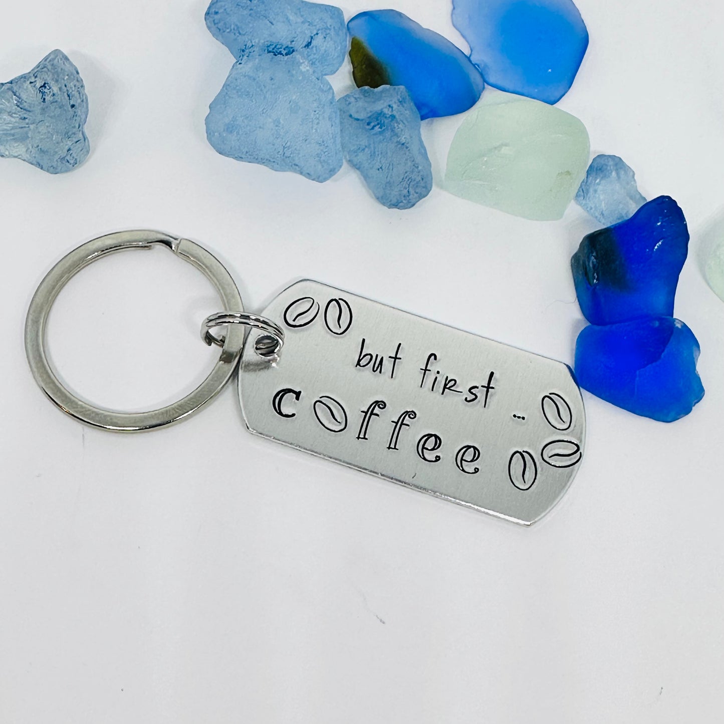 But First Coffee Keyring | Hand Stamped Metal Keyring | Gift for Caffeine Lovers | Java Keychain Gift | Coffee Beans