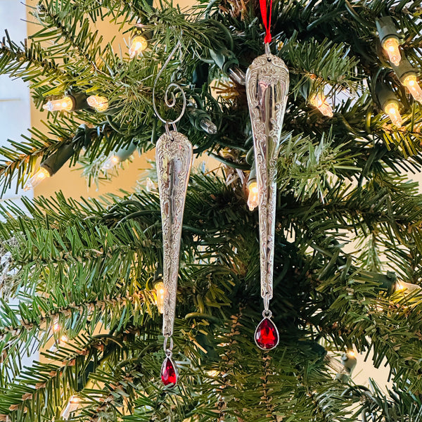 Vintage-look Icicle Ornaments | Limited Edition Holiday Decor | Window Charm | Jingle Bells | Garnet Teardrop