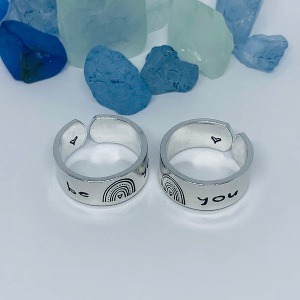 Be You Rainbow Hand Stamped Ring | Self-Acceptance Ring | Stamped Metal Stacking Ring | Adjustable Ring | Gift for Them Him Her