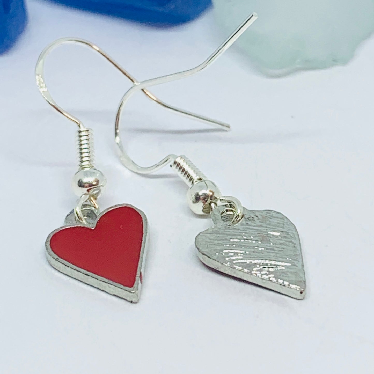 Red Hearts Dangle Enamel Silver Wire Earrings with Backs | Red Heart Love Earrings | Gifts for Her | Heart Earrings | Valentine’s Day Gift