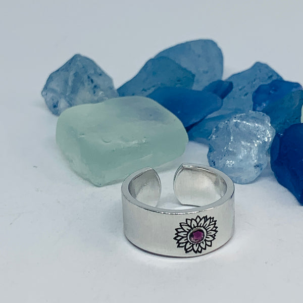 Sunflower Hand Stamped Cuff Ring with Swarovski Crystal | Birthstone Ring | Outdoorsy Nature Flowers | Gift | Ukraine