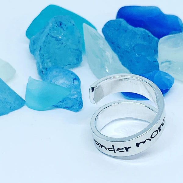 Wander More Hand Stamped Wrap Ring | Nature Lover | Outdoorsy Hiker | Gift for Her | Mountain Wrap Ring | Valentine’s Gift | Trees Mountains