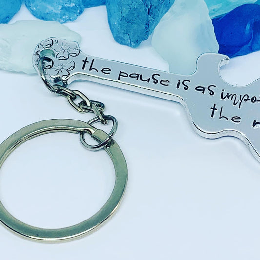 Guitar Shaped Hand Stamped Key Ring | Music Quote | The Pause is as Important as the Note | Truman Fisher | Musician Gift | Fit into Lyrics