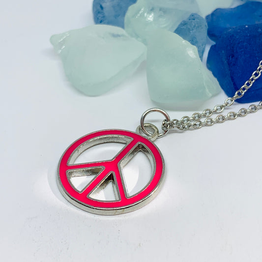 Peace Signs Pink Enamel Necklace | Make Love Not War | Gifts for Her