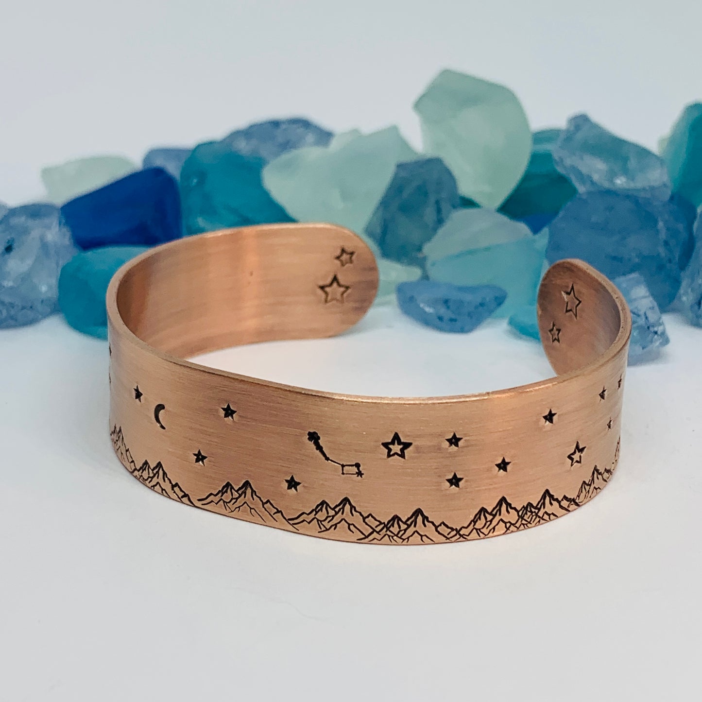 Hand Stamped Copper Mountainscape Cuff Bracelet | Mountains Stars Moons Dipper | Gift for Her | Copper Patina