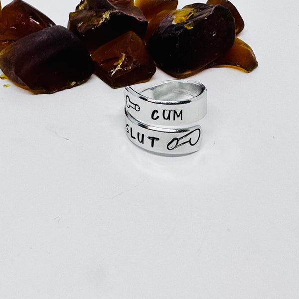 Adult-Themed Hand Stamped Metal Wrap Ring | Cum Slut | Penis Design Ring | Adjustable Sexy Adult Ring | Transgender Ring | They Them