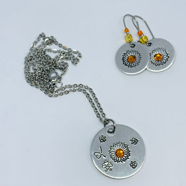Sunflower and Bumblebees with Swarovski Crystal - Hand Stamped Necklace