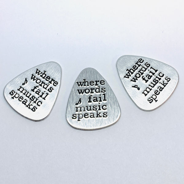 Where words fail music speaks - Hand Stamped Metal Guitar Pick | Guitar Pick Quote | Hans Christian Anderson Active
