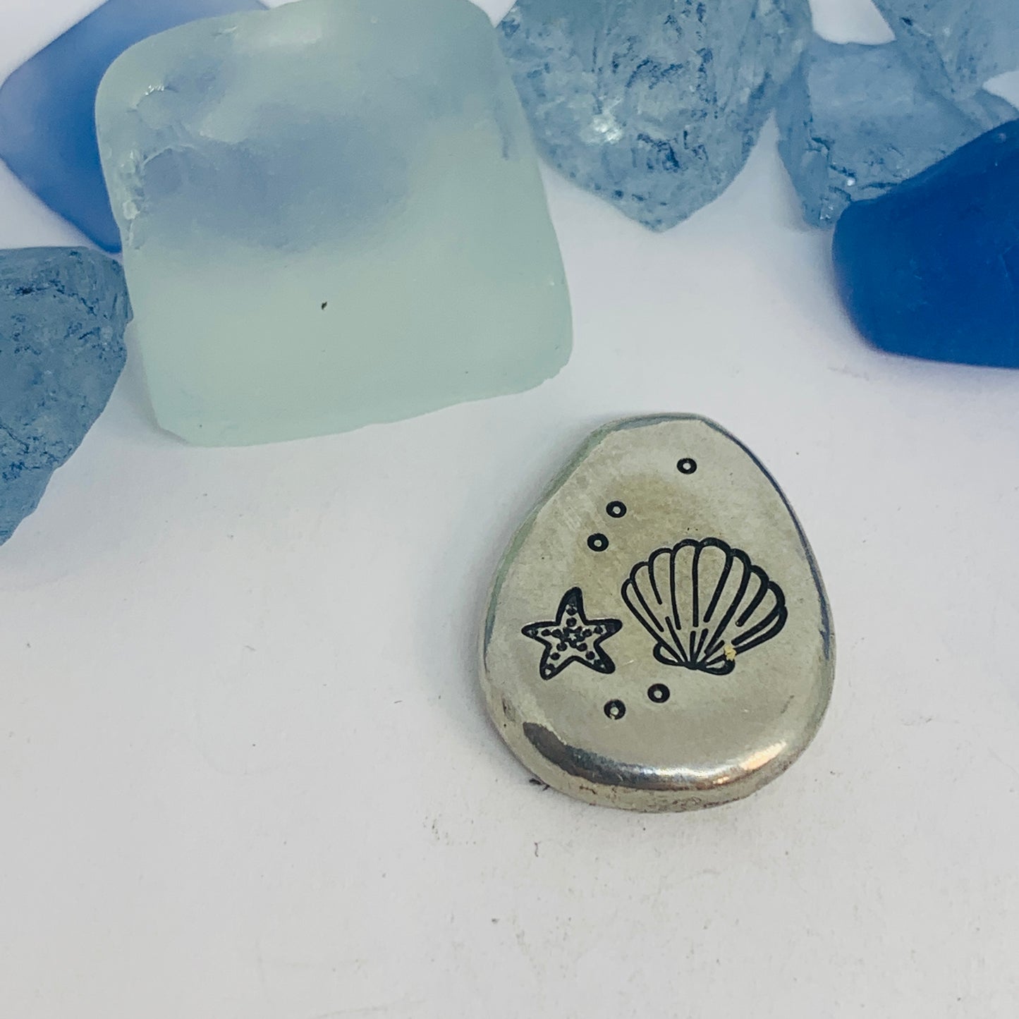Beach Themed Pewter Pocket Pebble | Worry Stone | Ease Anxiety | Sea Shells Mermaid