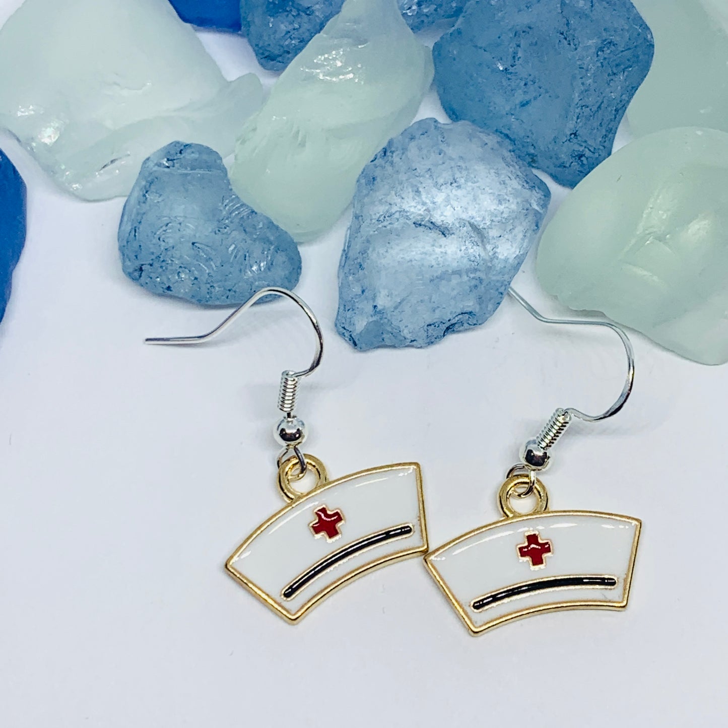 Nurse Cap Enamel Earrings with Silver Wires and Backs | Healthcare Hero Earrings | Gifts for Her | Nurse Earrings
