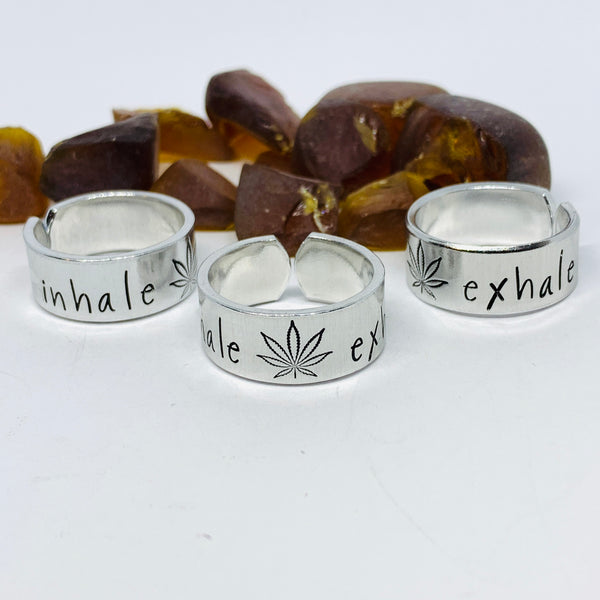 Inhale Exhale Hand Stamped Ring | Dispensary Pot Ring | Stamped Metal Cuff Ring | Marijuana Friendly | Pothead Jewelry | Weed Cannabis