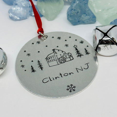 Grist Mill Hand Stamped Ornament | Clinton NJ Red Mill Museum Aluminum Round Ornament | Christmas | Hand Crafted Tree Decor | Holiday Decoration