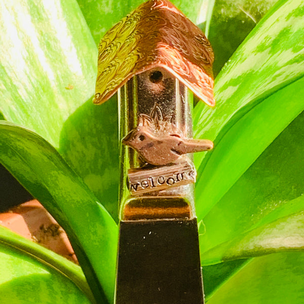 Vintage Silverware Bird House Plant Stake | Decorative Cheese Spreader | Bird Watcher Letter Opener | Copper Silverware Charms
