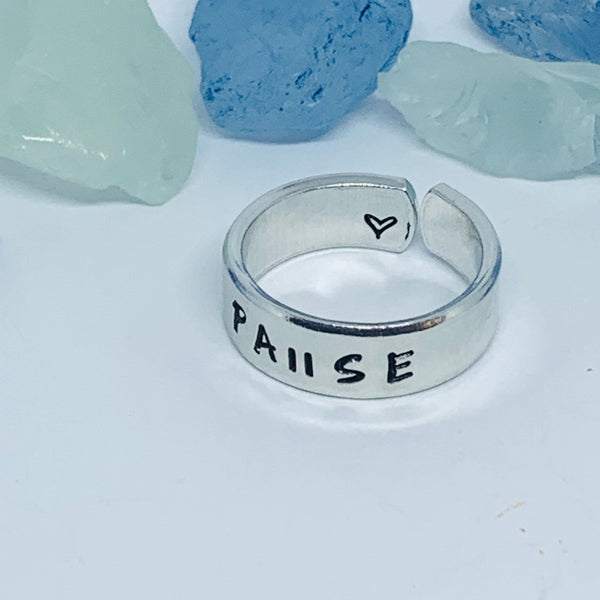 PAUSE Hand Stamped Ring | Relax Meditation Ring | Stamped Metal Cuff Ring | Gift for Them | Peaceful Jewelry