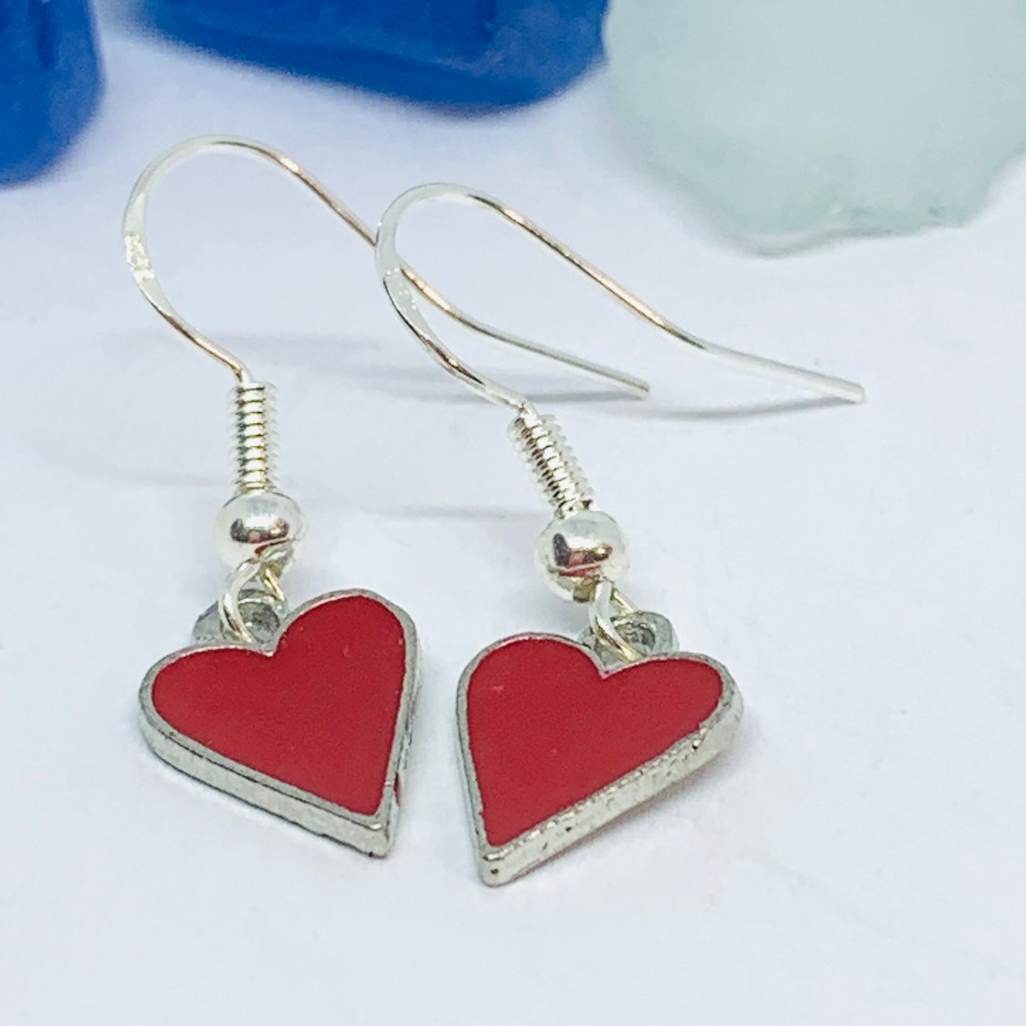 Red Hearts Dangle Enamel Silver Wire Earrings with Backs | Red Heart Love Earrings | Gifts for Her | Heart Earrings | Valentine’s Day Gift