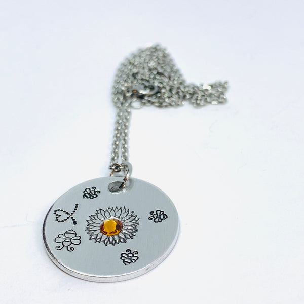 Sunflower and Bumblebees with Swarovski Crystal - Hand Stamped Necklace