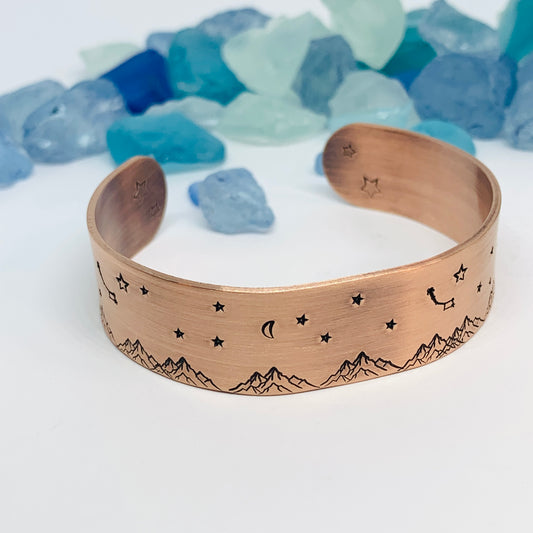 Hand Stamped Copper Mountainscape Cuff Bracelet | Mountains Stars Moons Dipper | Gift for Her | Copper Patina