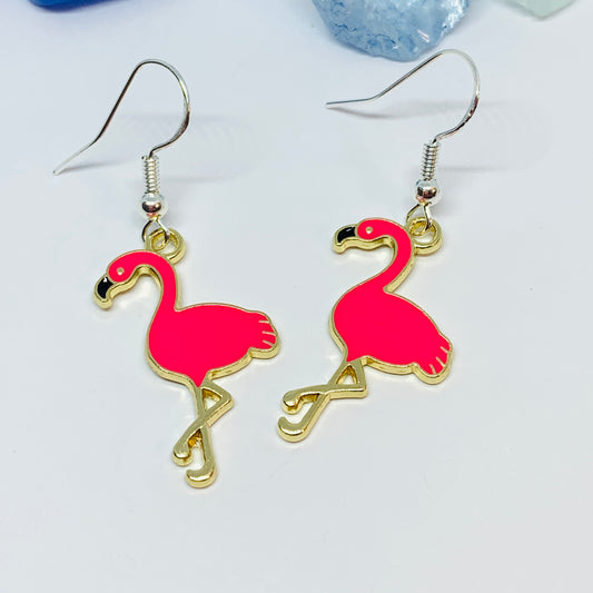 Flamingo Hot Pink Enamel Earrings with Silver Wires and Backs | Fun Flamingo Earrings | Gifts for Her | Bird Earrings | Fun Earring | Phenicopter