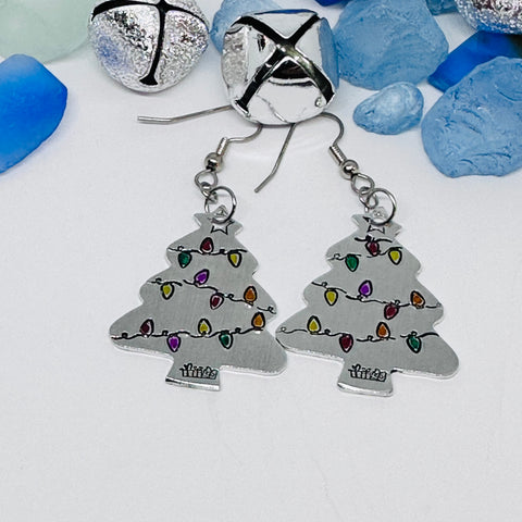 Hand Stamped Christmas Tree Earrings | Painted Christmas Tree Light Bulbs | Gifts for Her | Fun Holiday Earrings | Holiday Jewelry | Funky