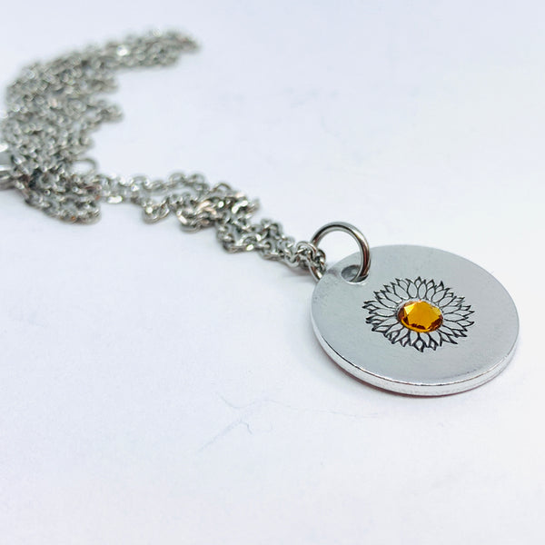 Sunflower - Hand Stamped Necklace | Hand-painted Ukrainian Sunflower Designs | Sunflower Peace | No War | Swarovski Crystal | Solidarity