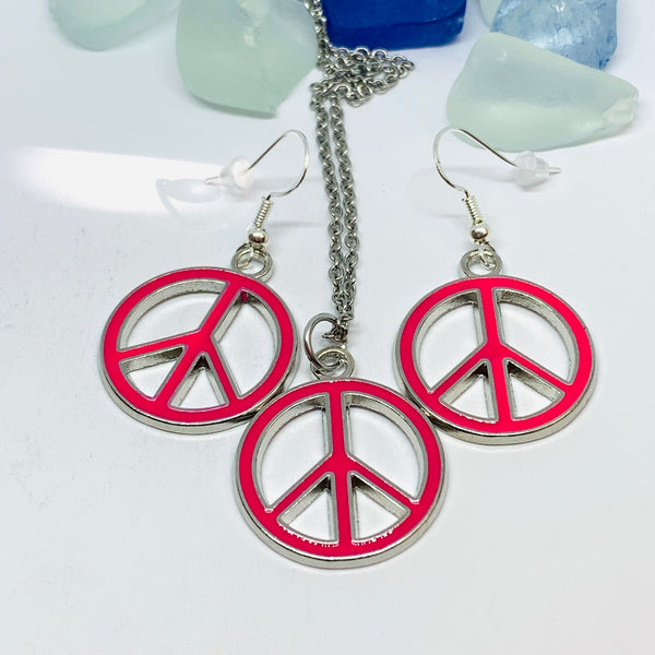 Peace Signs Pink Enamel Necklace | Make Love Not War | Gifts for Her