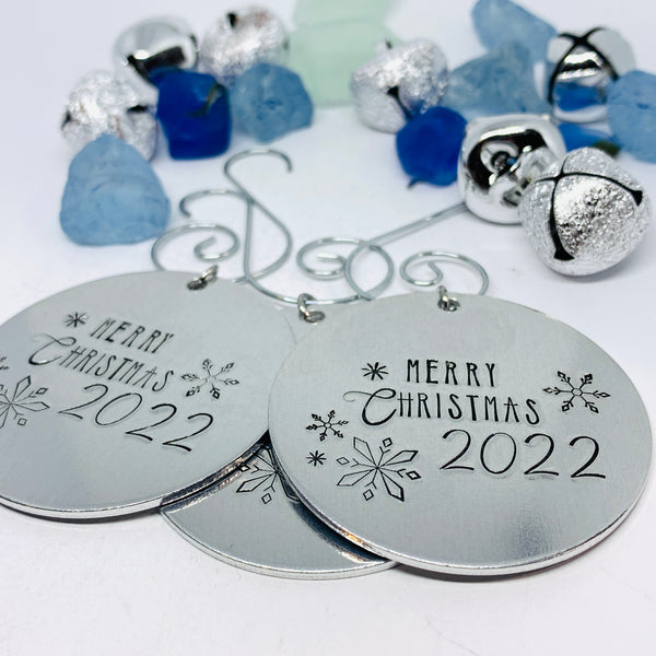 Merry Christmas 2022 Hand Stamped Ornament | Aluminum Round Snowflakes | Christmas | Hand Crafted Tree Decor | Holiday Decoration