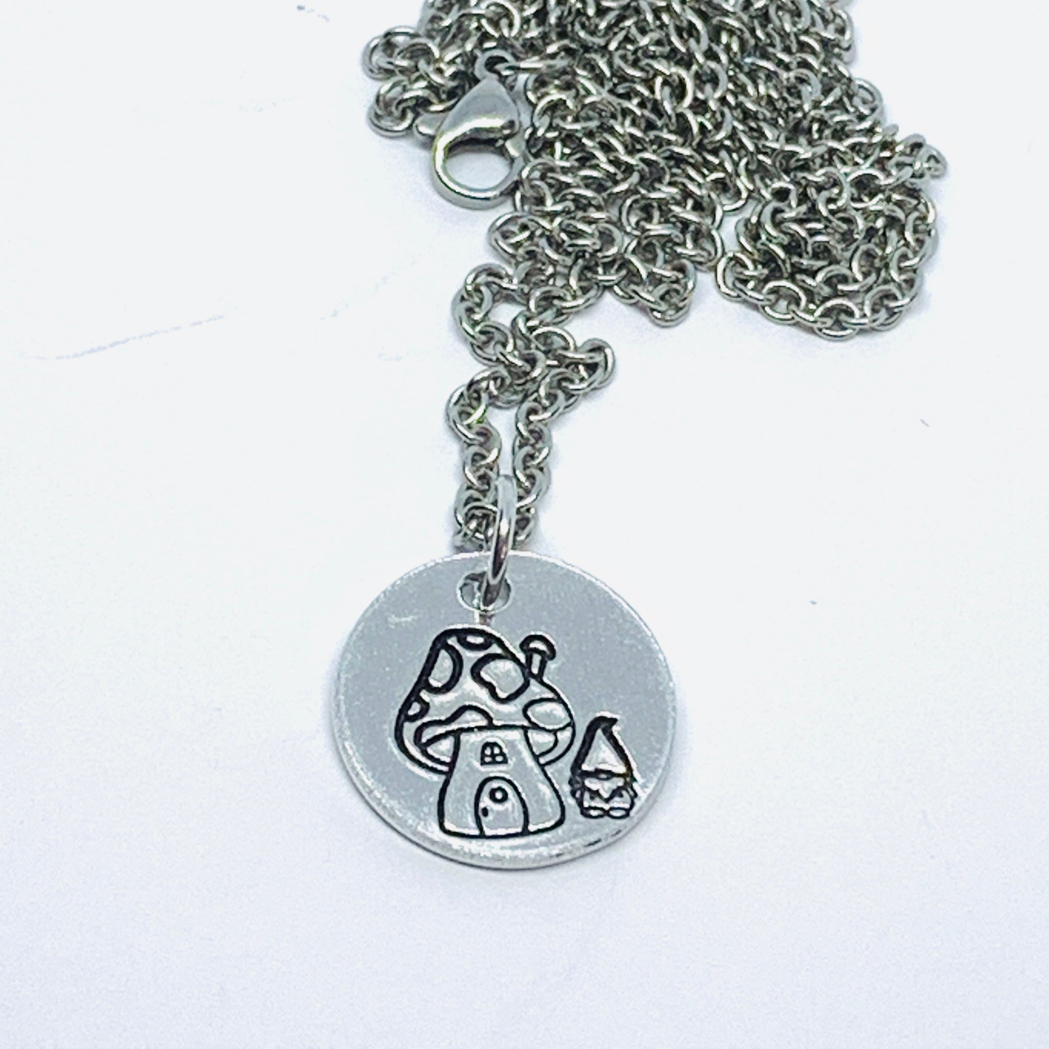 Toadstool and Gnome - Hand Stamped Necklace