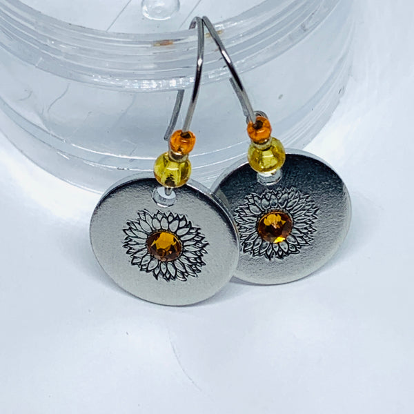 Sunflowers with Swarovski Crystals - Hand Stamped Earrings