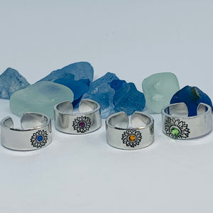 Sunflower Hand Stamped Cuff Ring with Swarovski Crystal | Birthstone Ring | Outdoorsy Nature Flowers | Gift | Ukraine