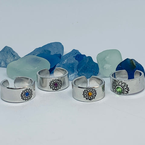 Sunflower Hand Stamped Cuff Ring with Swarovski Crystal | Birthstone Ring | Outdoorsy Nature Flowers | Gift | Ukraine