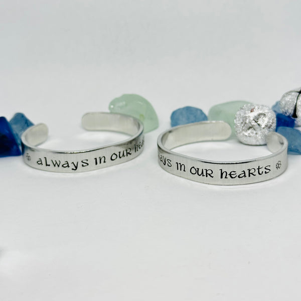 ☘️ Always in our Hearts ☘️ Hand Stamped Cuff Bracelet | Personalized Gaelic | St. Patrick’s Day | Custom Jewelry | Shamrock Celtic Hearts