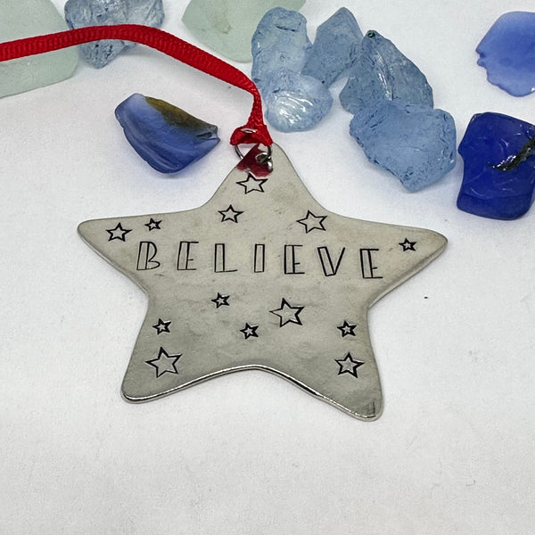 BELIEVE - Hand Stamped Pewter Star-Shaped Ornament | Christmas Tree Ornament | Hand Stamped Star Ornament