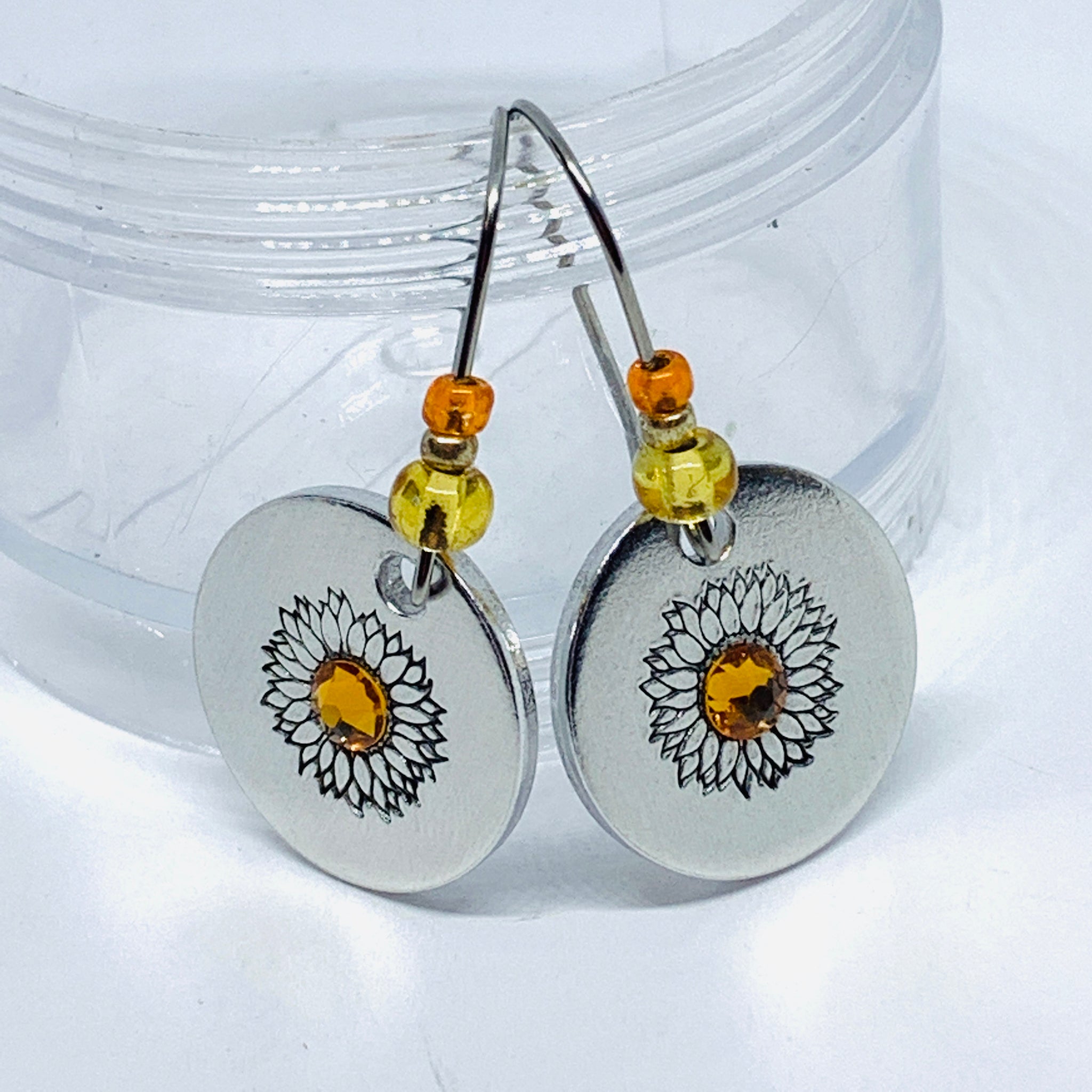 Sunflowers with Swarovski Crystals - Hand Stamped Earrings