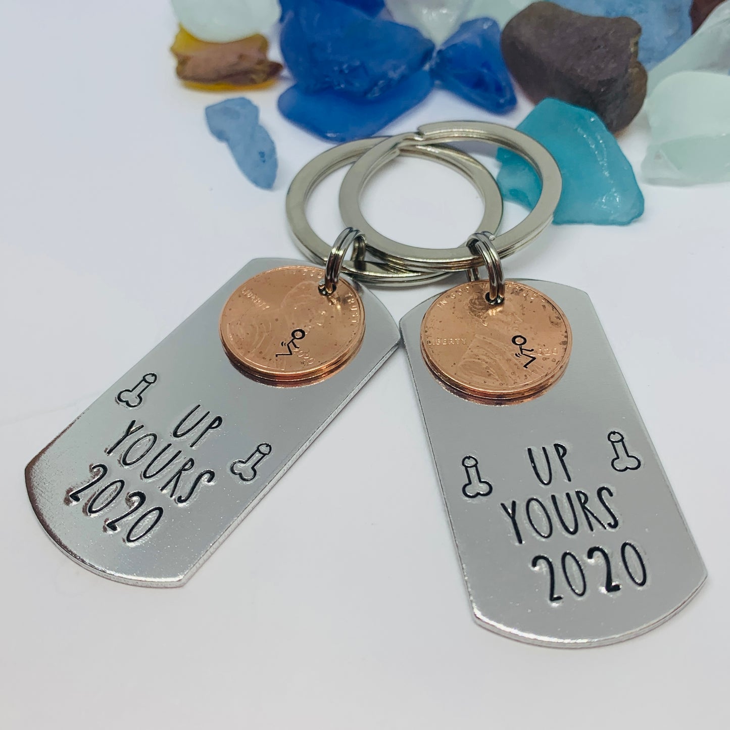 Up Yours 2020 with Penny - Hand Stamped Metal Key Ring | Dog Tag 2020 Penny | Humping 2020 Key Chain | Adult Mature | Dicks