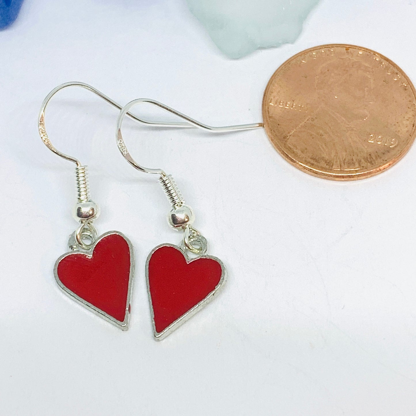 Red Hearts Dangle Enamel Silver Wire Earrings with Backs | Red Heart Love Earrings | Gifts for Her | Heart Earrings | Valentine’s Day Gift