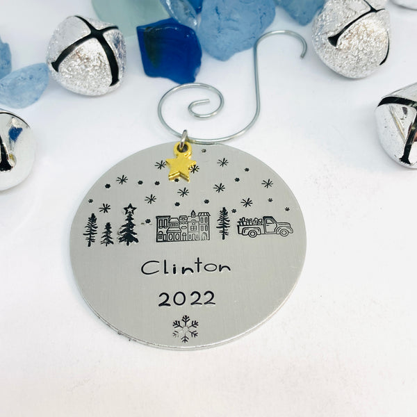 Home Town Hand Stamped Ornament | Aluminum Round Ornament | Christmas Ornament | Hand Crafted Tree Decor | Holiday Decoration