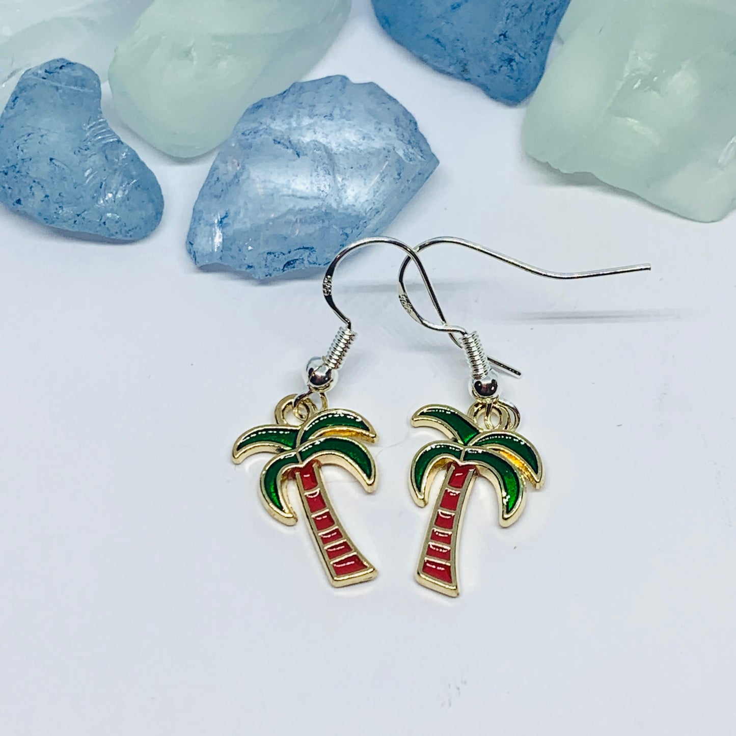 Palm Trees Enamel Earrings with Silver Wires and Backs | Tropical Earrings | Gifts for Her | Tree Earrings