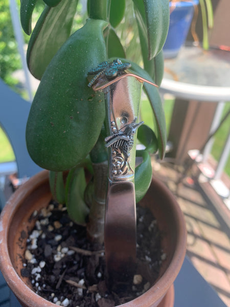 Vintage Silverware Bird House Plant Stake | Decorative Cheese Spreader | Bird Watcher Letter Opener | Copper Silverware Charms