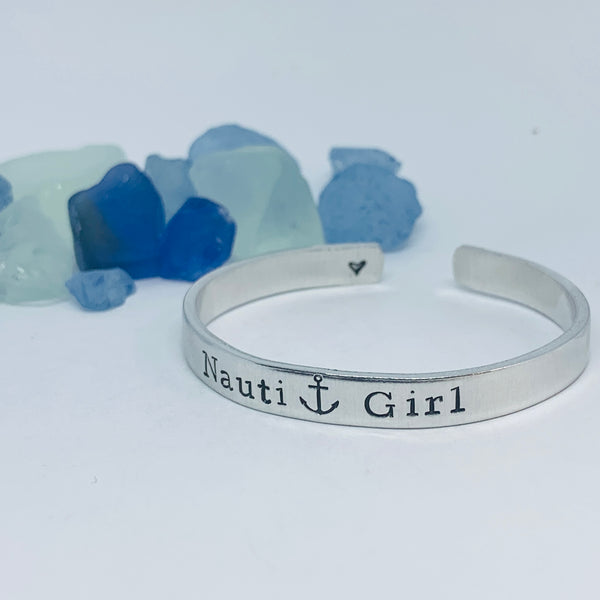 Nauti Girl Hand Stamped Metal Cuff Bracelet | Nautical Jewelry | Anchor