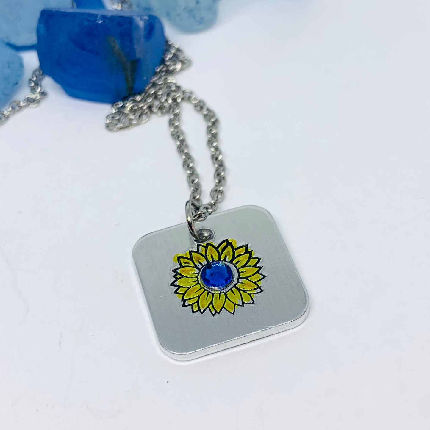 Sunflower - Hand Stamped Necklace | Hand-painted Ukrainian Sunflower Designs | Sunflower Peace | No War | Swarovski Crystal | Solidarity