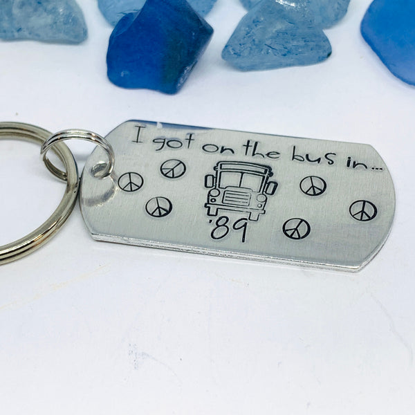 I got on the bus in … (year) Keyring | Hand Stamped Metal Keyring | Grateful Dead Themed Gift for Dead Heads | School Bus |  Groupies Gift Idea |