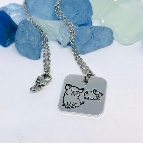 Two Little Piggies Hand Stamped Necklace | Piglets Round Necklace | Gift for Her | Simple Gift | Farm Animals | Vegan Love | Barnyard Animal Jewelry