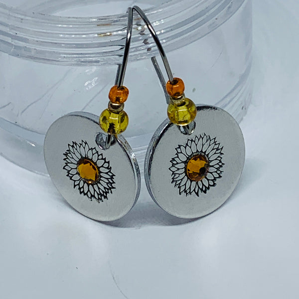 Sunflowers with Swarovski Crystals - Hand Stamped Earrings