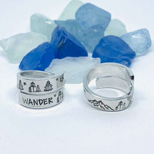 Wander Hand Stamped Metal Wrap Ring | Nature Lover | Outdoors Hiker | Gift for Her | Mountain Wrap Ring | Valentine’s Gift | Trees Mountains